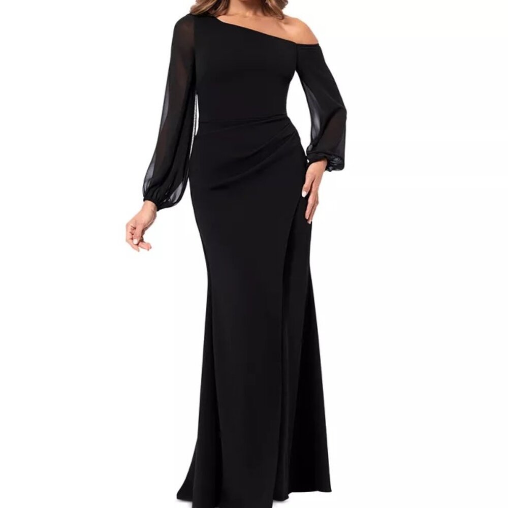 Betsy & Adam One-Shoulder Sheer Sleeve Dress